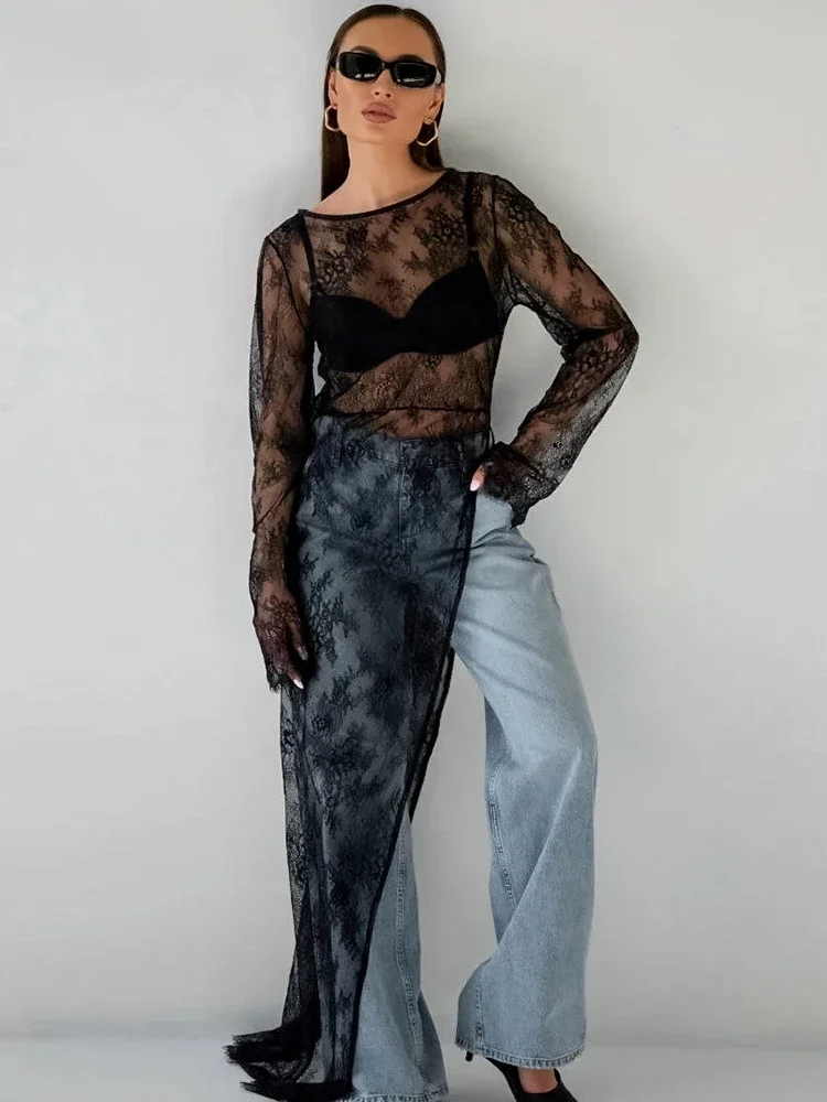 Mnealways18 Fashion Perspective Sexy Long Blouses O-Neck Women Long Sleeve Irregular Lace Pullover