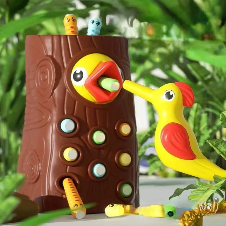 Montessori Educational Toys for Children Woodpecker Catch Worms Toy Toddler Kids Magnetic Games for