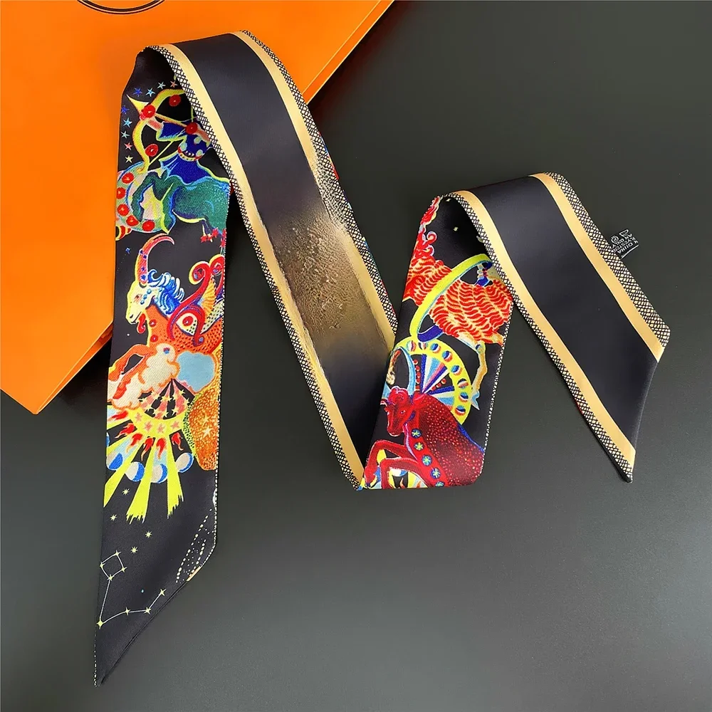 French Fashion New Tarot Retro Twelve Constellations Ladies Ornament 100% Twill Silk Scarf Streamer
