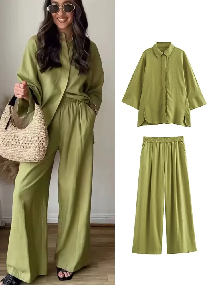 TFMLN 2 Pieces New Wide Leg Pants Sets For Women 2024 Fashion Loose Casual Shirts Top Women's Suit