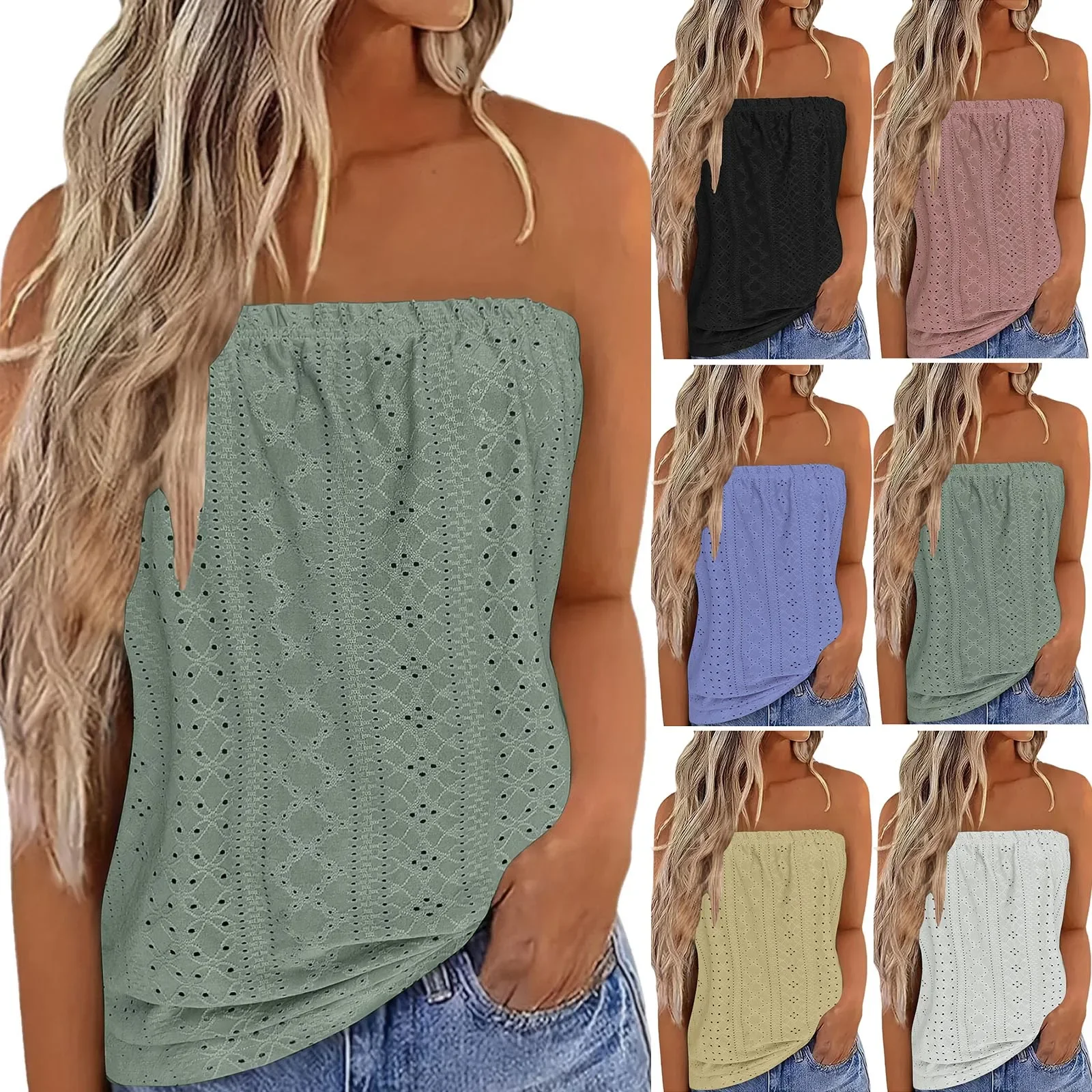 Casual Summer Hollow Out V Neck Sleeveless Tube Tops For Women Fashion Elegant Loose Tank Tops Solid