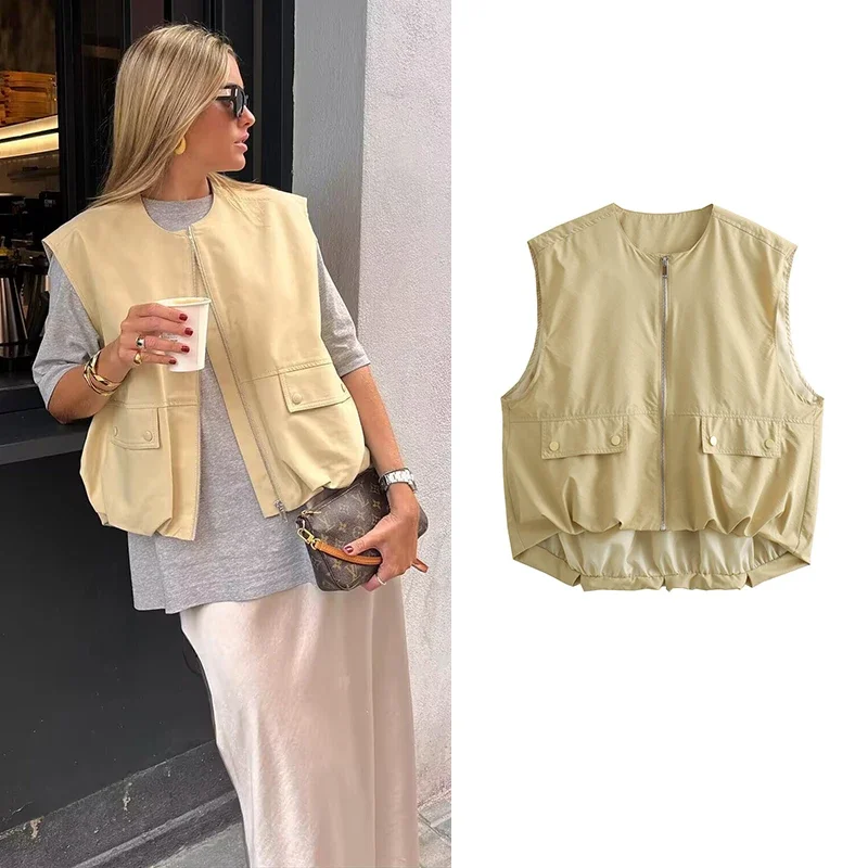 TRAF Women's Cropped Waistcoat Fashion O Neck  Zipper Vest Women Sleeveless Loose Vests Coats Female
