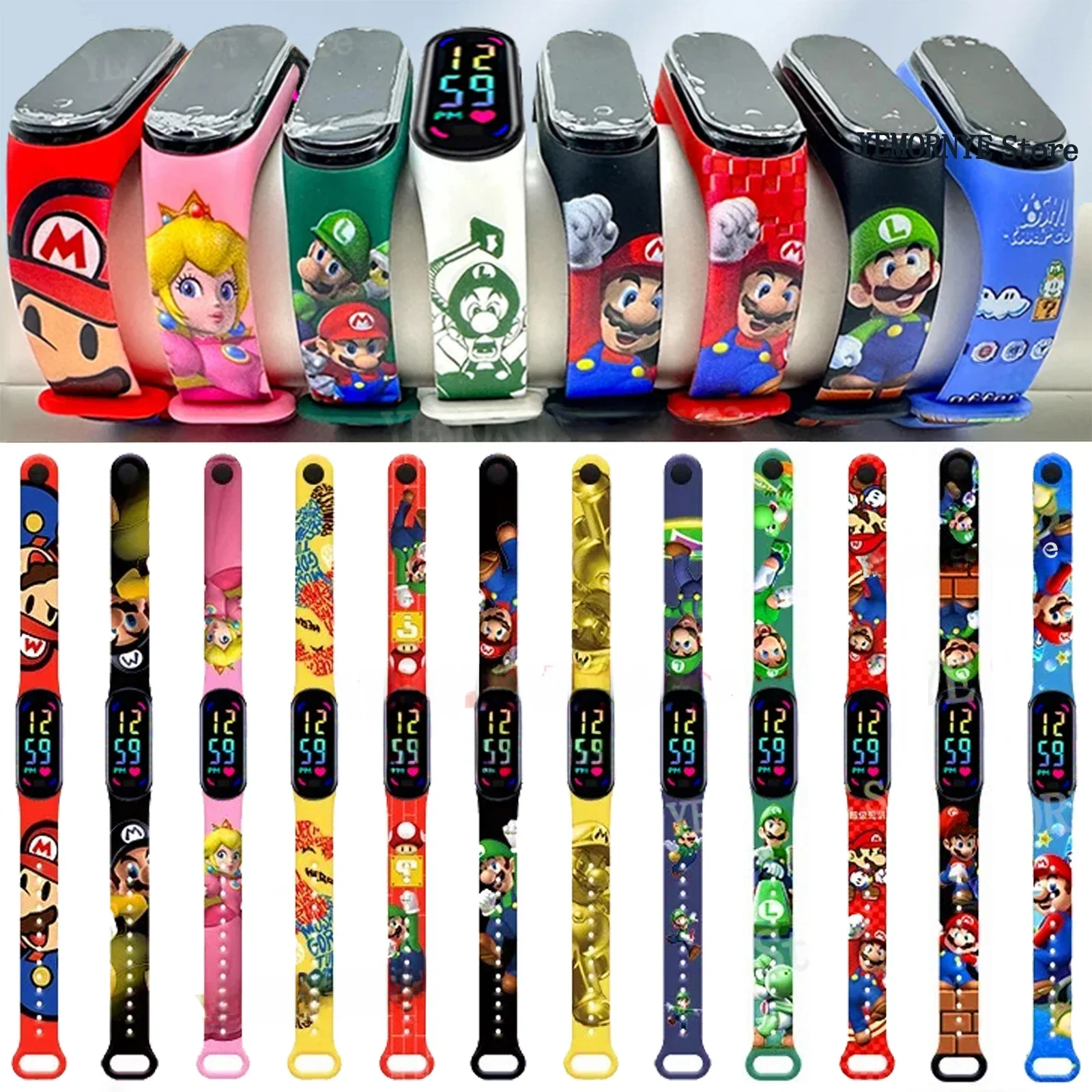 Children's Watches Mario Bros Luigi Action Figures Princess Peach Yoshi Bowser kids Sport Wristband