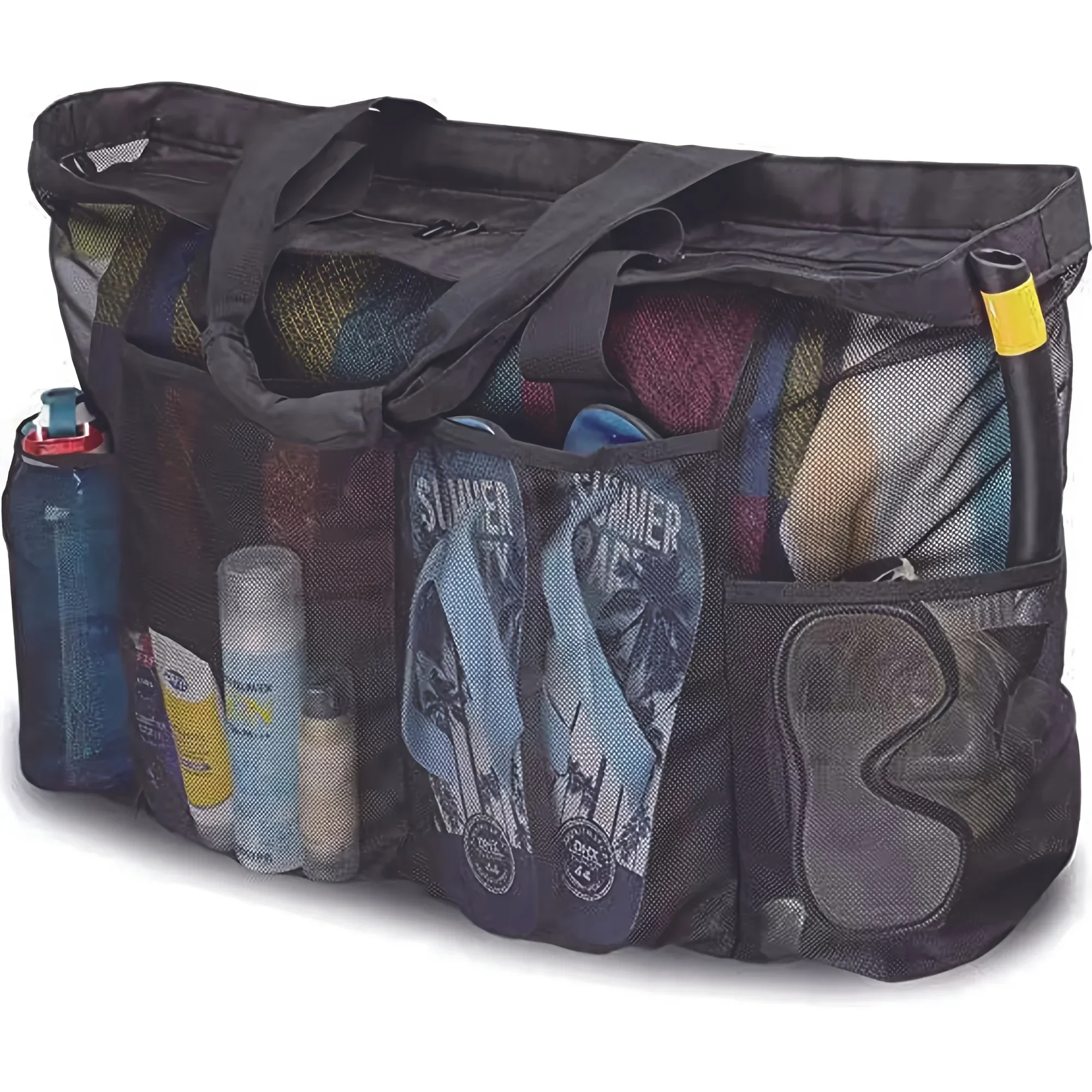 1pc Extra Large Mesh Beach Bag, Breathable Mesh Tote With Zipper & Side Pockets, Portable Large