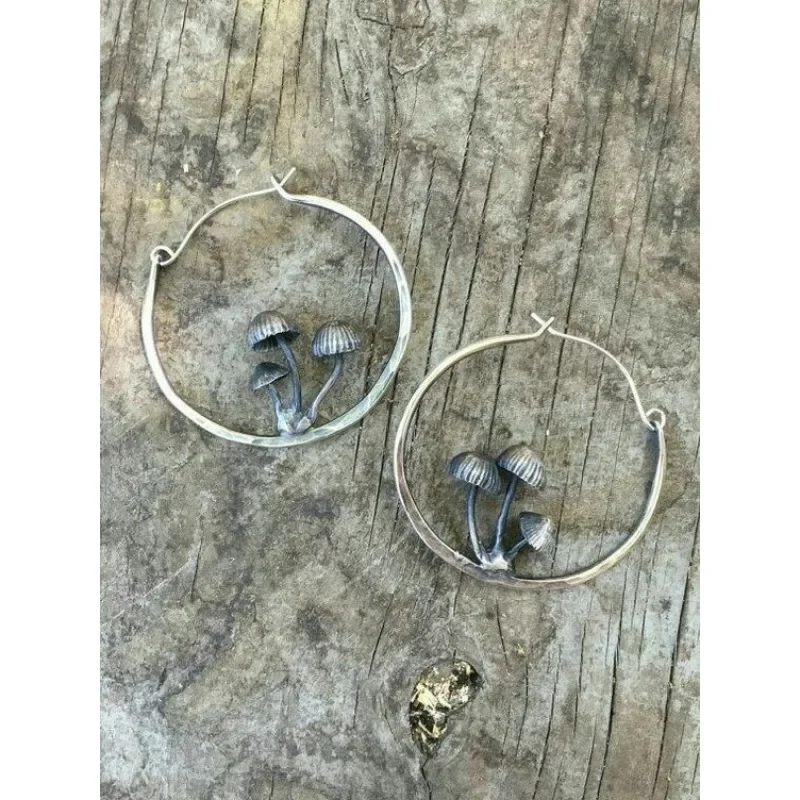 Vintage Silver Color Mushroom Round Fashion Earrings for Women Hoop Jewelry