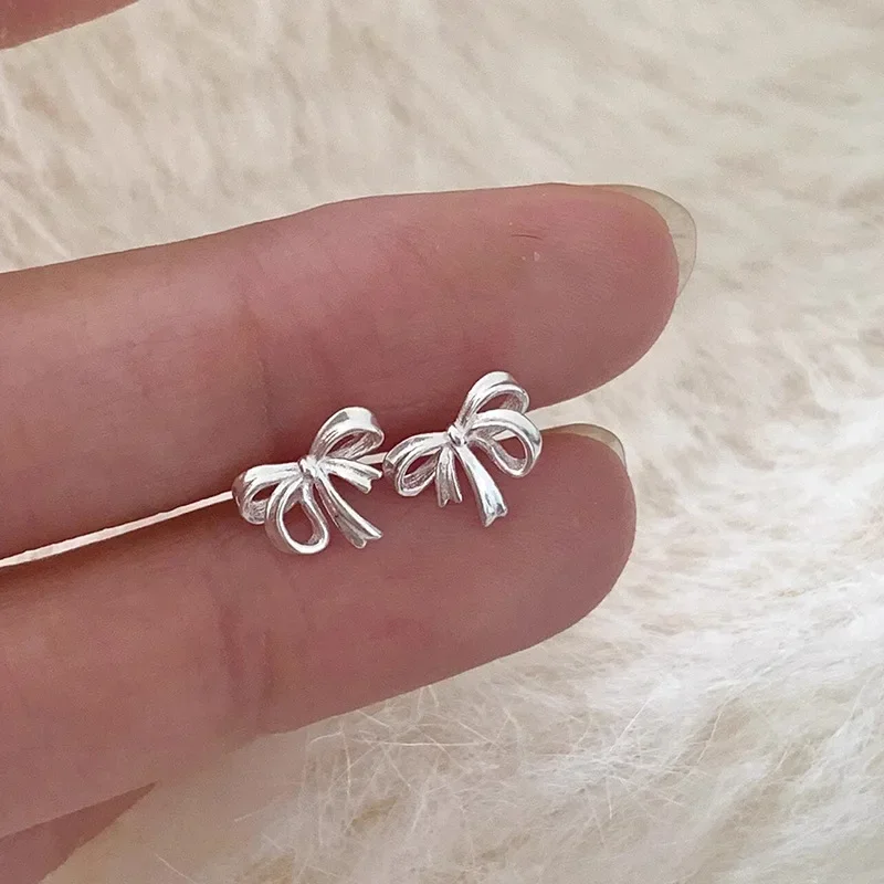 Real 925 Silver Small Ribbon Bow Screw Buckle Piercing Customized Stud Earrings for Women Fine