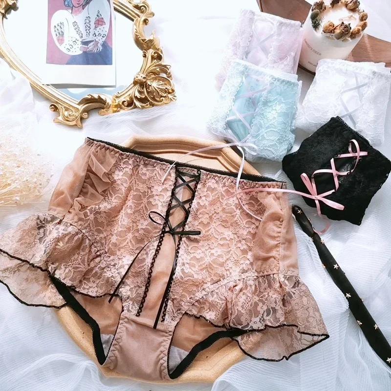 M-6XL New Plus Size Ladies Sweet Cross Bowknot Girly Underwear Lolita Kawaii Palace Ruffled Sexy