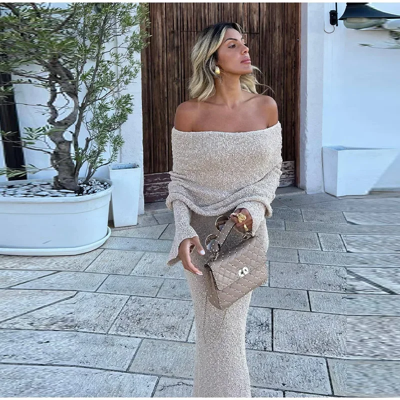 Slim Knitted Sexy See Through Dresses Hollow Out Off The Shoulder Maxi Dress Women 2024 Summer Lady