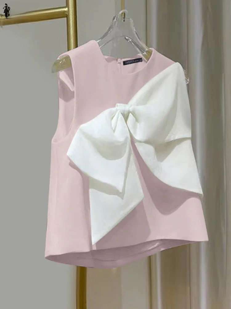 ZANZEA Sweety Sleeveless Tops Korean Fashion Bow Tie Stitching Tanks 2024 Summer Beach Patchwork