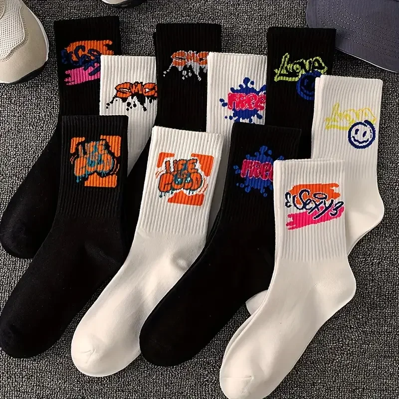 10 Pairs Men's Trendy Graffiti Pattern Crew Socks, Cotton Blend Breathable Comfy Casual Unisex Socks