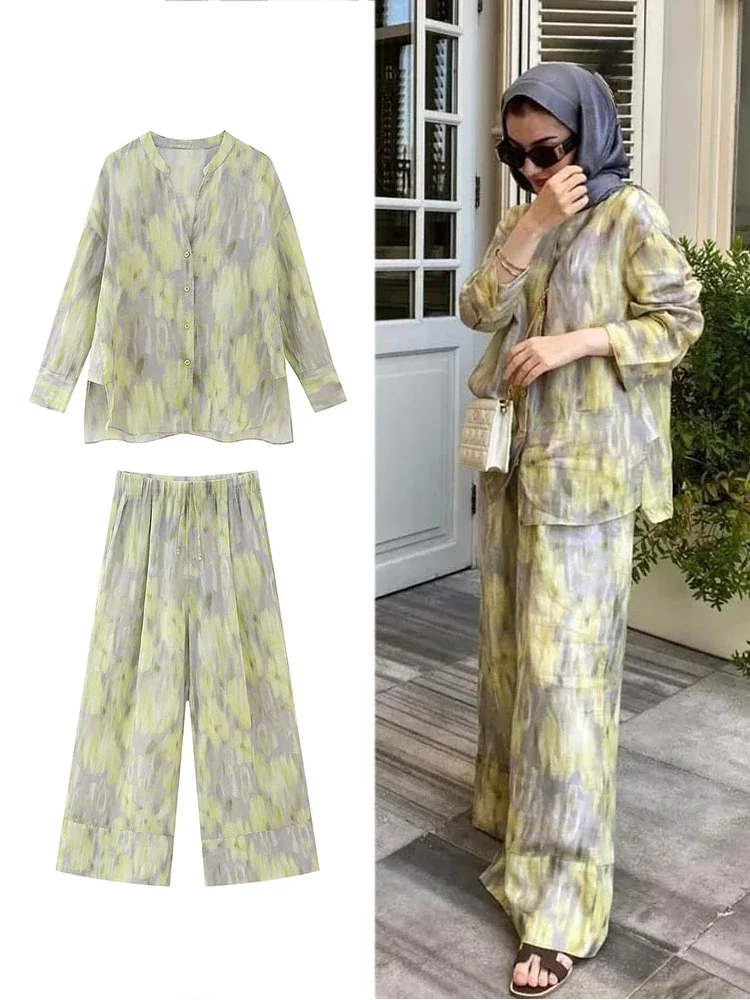 ZABA Women's Tie-Dye Printed Set Lapel Shirt Asymmetric Button Long Sleeve Shirt and Casual