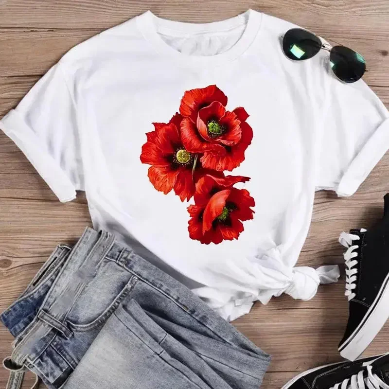Print Fashion Watercolor Spring Flower 2024 Women Cartoon Short Sleeve Graphic T Top Summer Shirt