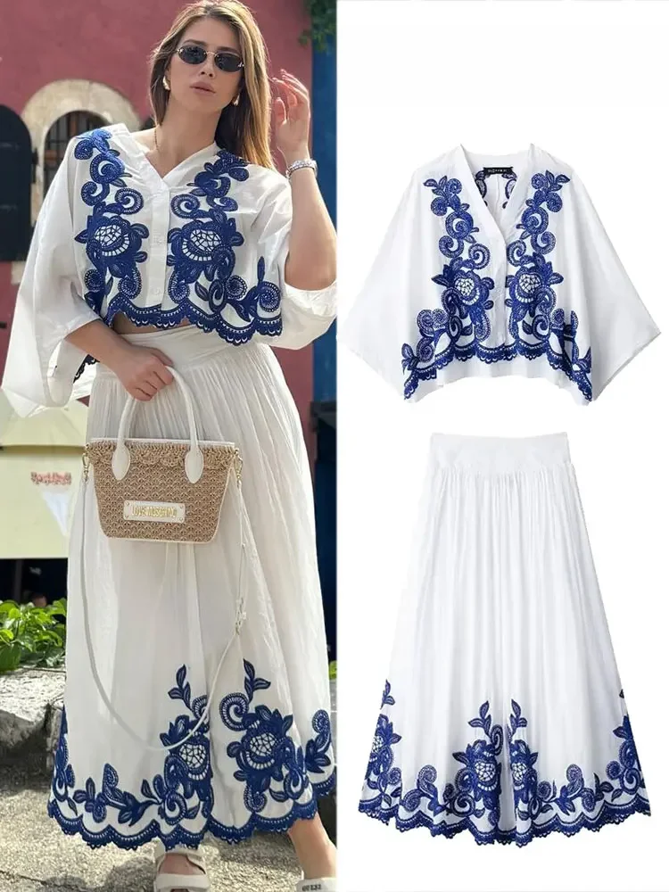 TRAFZA Women's 2-piece Set Of Blue Embroidered Single-breasted Loose Shirt + Chic High-waisted Loose