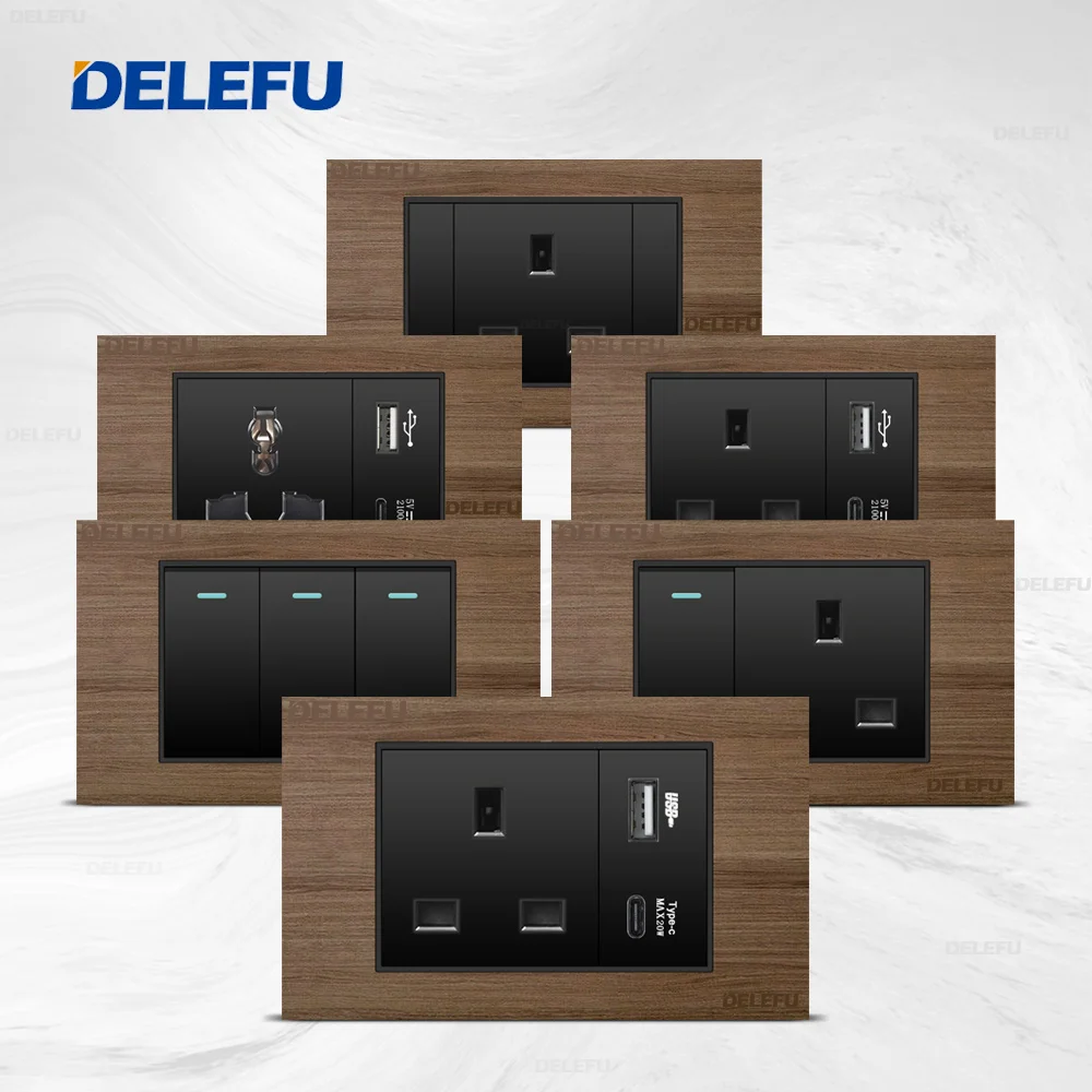 DELEFU Wall Switch Power Socket Switch USB-C Black function key Imitation wood grain panel UK series