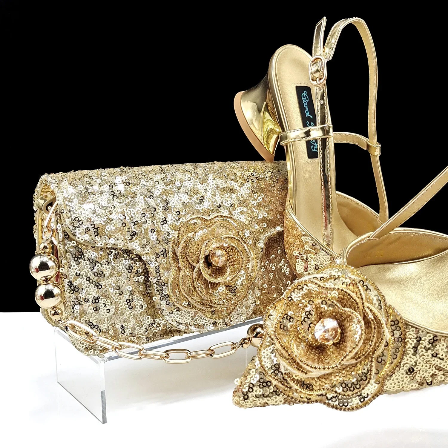 QSGFC Shiny Gold Color Shoes and Bag Elegant Handbags and Medium Heel Shoes Beautiful Handmade