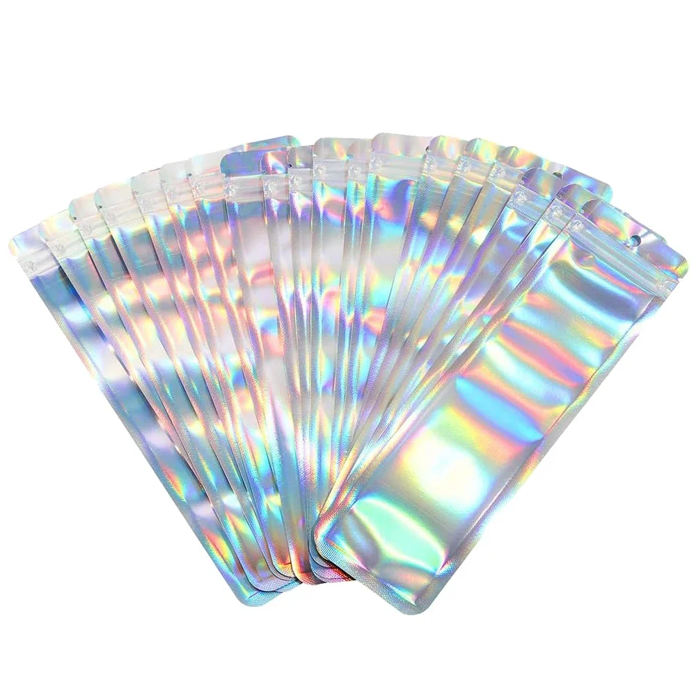 50pcs Long Holographic Packaging Bags Ziplock Laser Seal Pouch For Party Nail Eyelash Favor Food