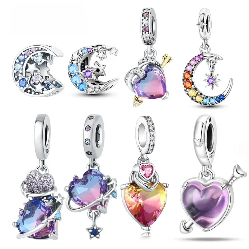 925 Sterling Silver Fantasy Colorful Heart Charm Planet Pendant Beads For Original Bracelet DIY Bead
