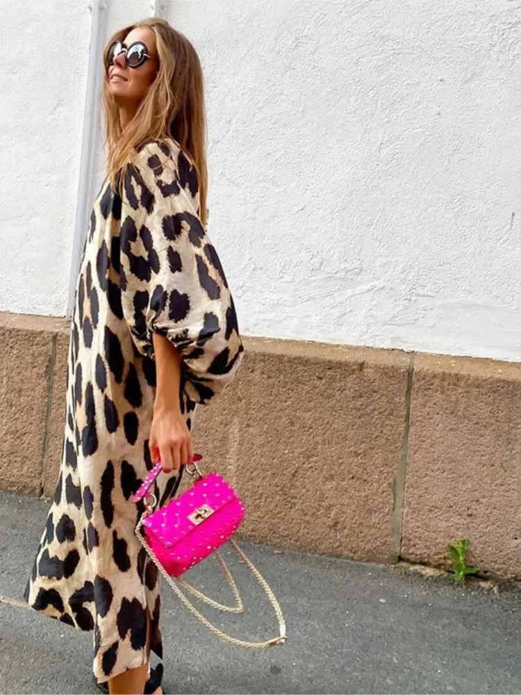 Fashion Leopard Casual Dress Women's New V Neck Lantern Sleeve Elegant Office Holiday Summer Female