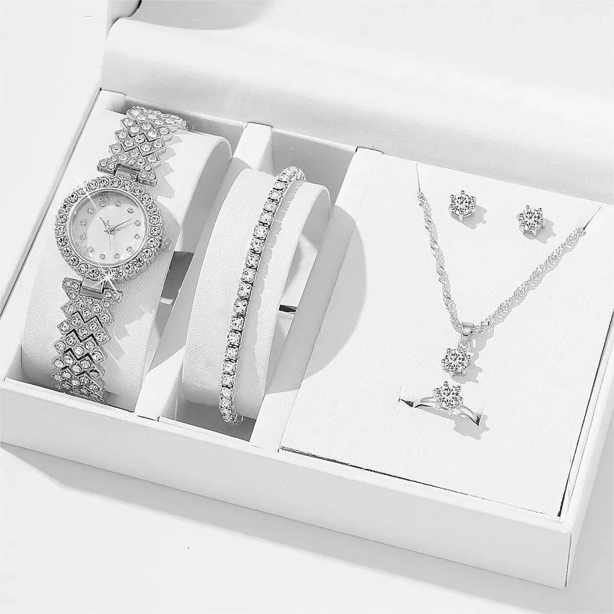6PCS Set Luxury Ladies Bracelet Quartz Watch Women Watch Bracelet Set Silvery Simple Steel Luxury