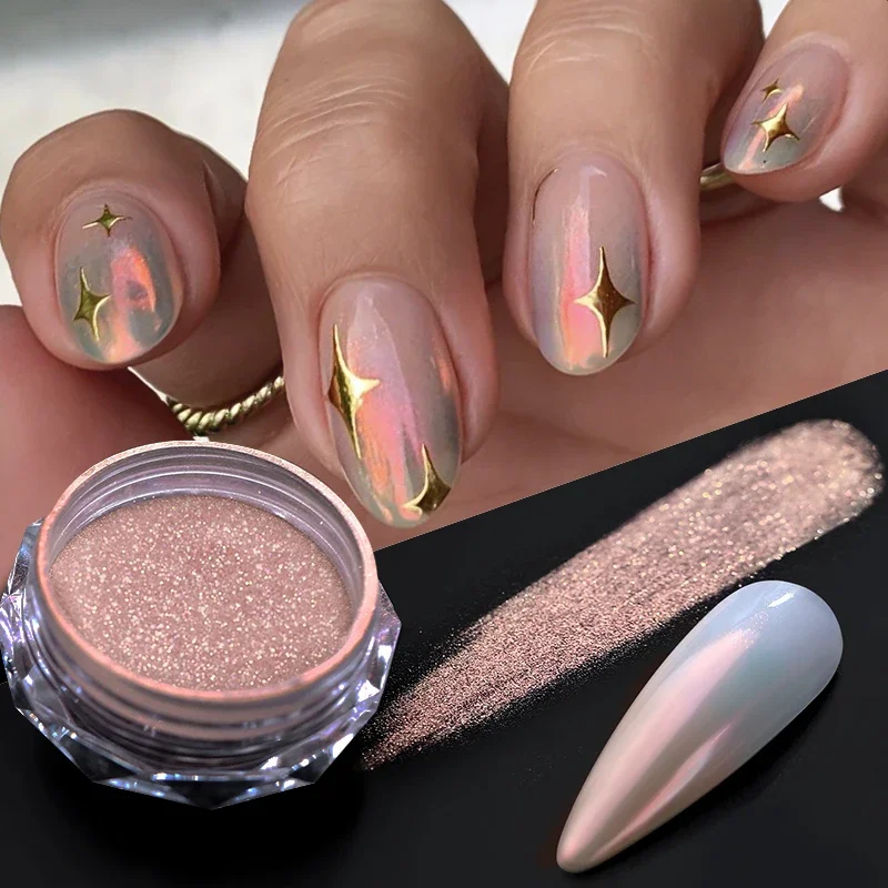 1 Box Gradient Aurora Pink White Chrome Nail Powder Pearl Mirror Effect Colorful Glitter Rubbing