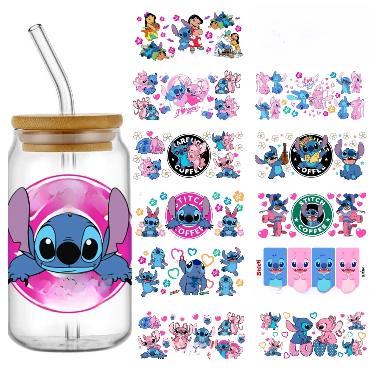 Miniso Stitch 16oz UV DTF Cup Wrap Cartoon Transfers Libbey Wrap Tumbler DIY Logo Sticker Glass Can
