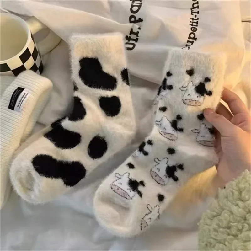 2 Pairs Cute Cow Spots Print Socks, Thickened & Warm Coral Fleece Socks, Women's Stockings & Hosiery