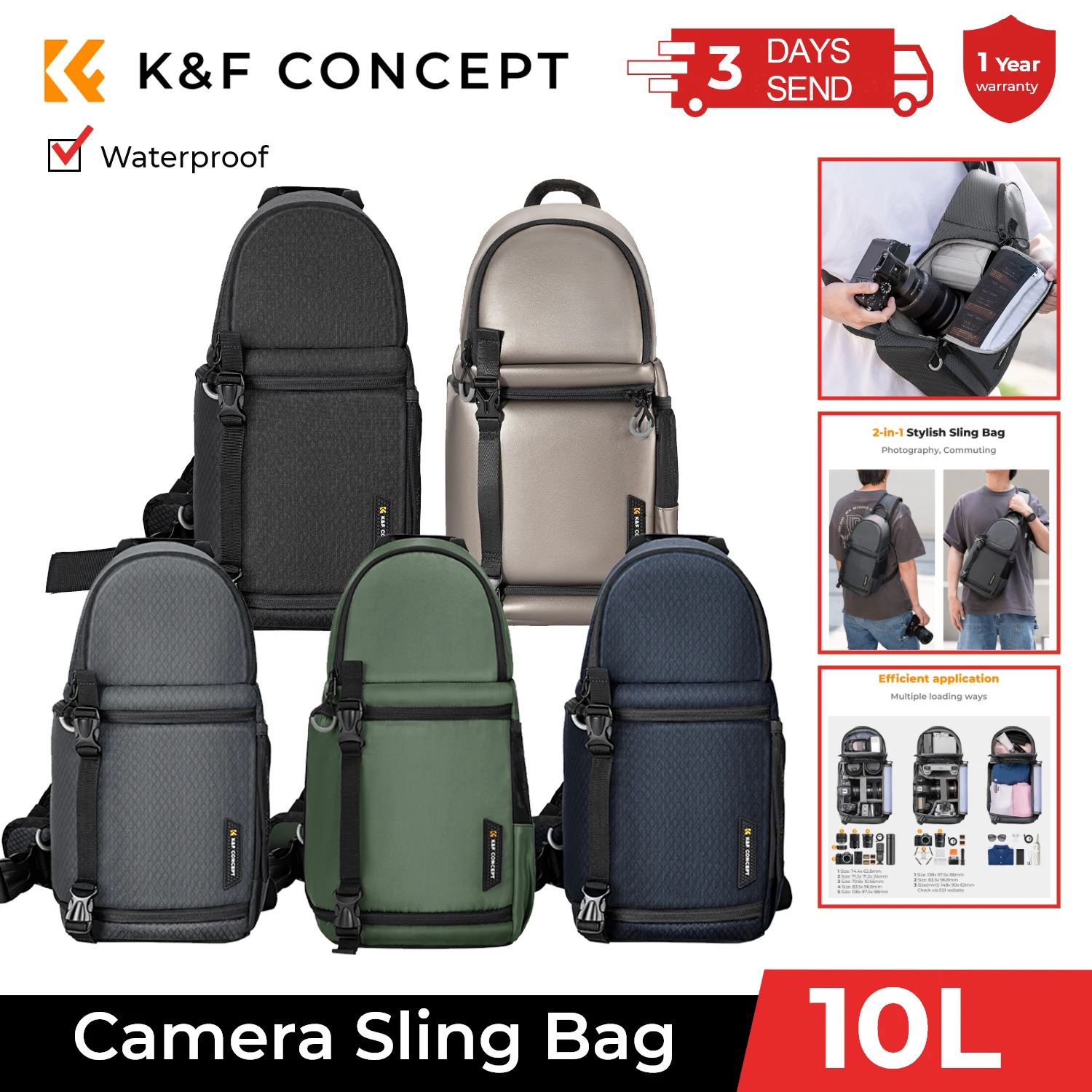 K&F Concept Camera Bag Photography DSLR Camera Case 10L Waterproof Camera Sling Outdoor Hiking Shoulder Bag for Men Women Tr