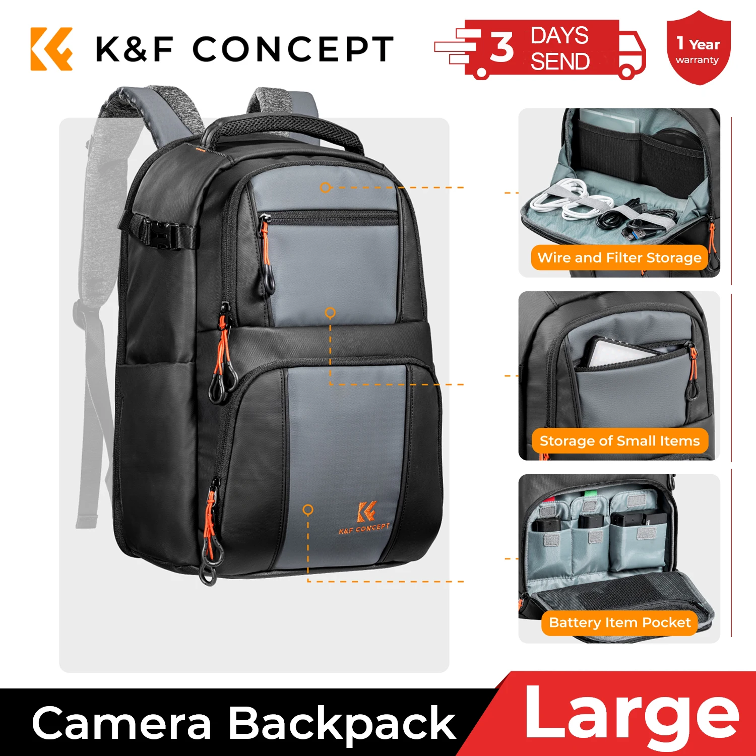K&F Concept 30L Professional Camera Backpack High Capacity Outdoor Travel Bag Pouch with Rain Cover for Canon Nikon Sony Lei