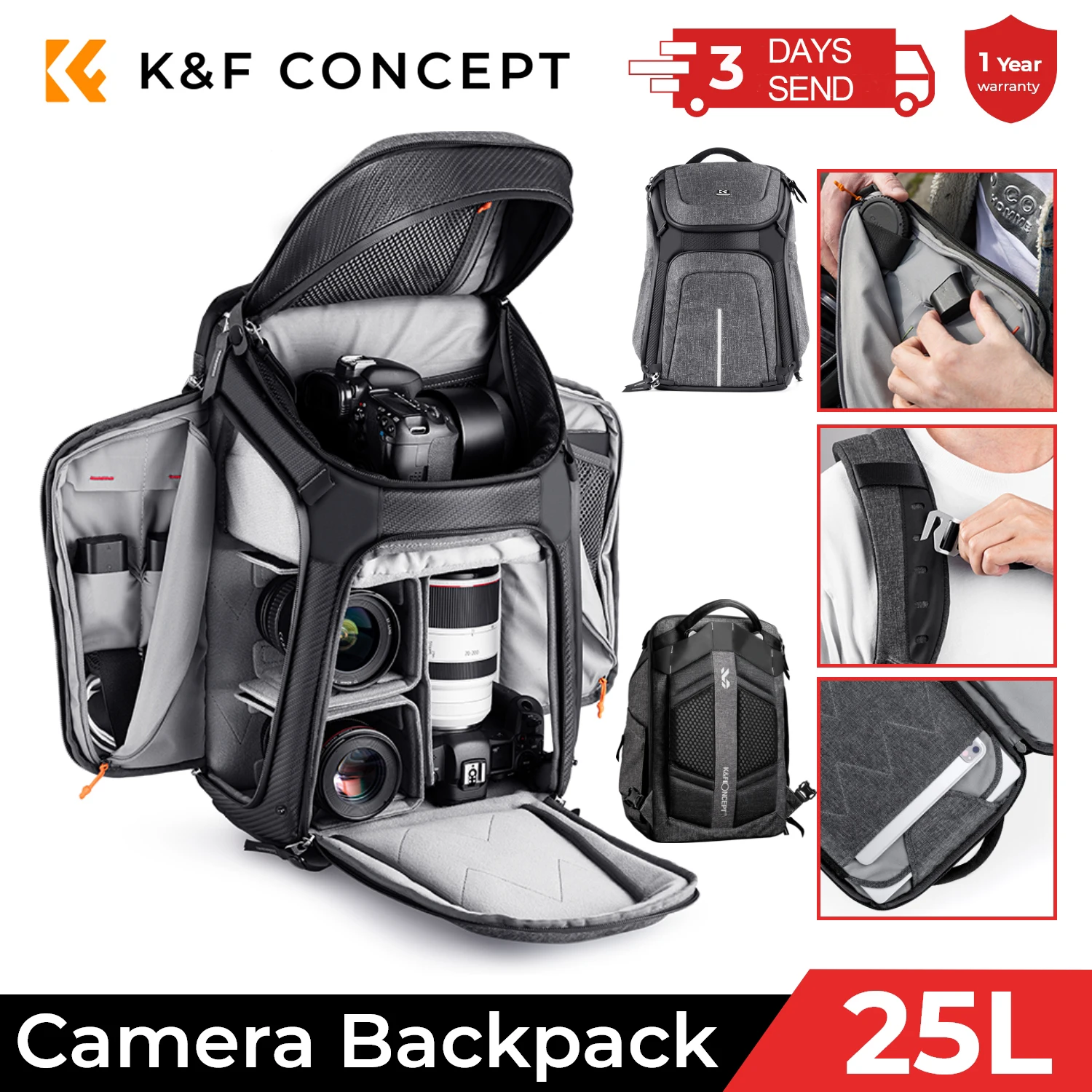 K&F Concept 15.6"Laptop & Tripod Photography Bag for Canon Sony Nikon DSLR/SLR Camera Travel 25L Double Shoulder Ca