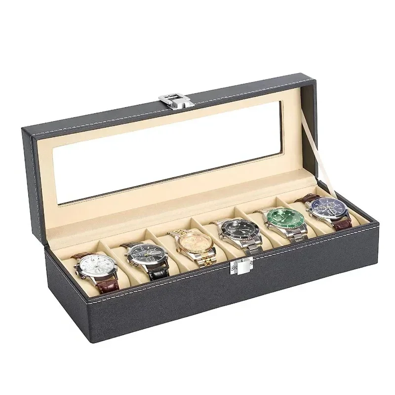 Hot Sale PU Leather Display Storage Collection Organizer watch box Case With Glass Top Slot Men