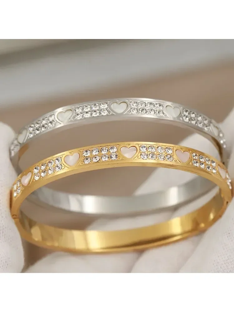316L Stainless Steel Crystal Heart Bangles for Women Fashion Brand Jewelry Classic Full Zirconia