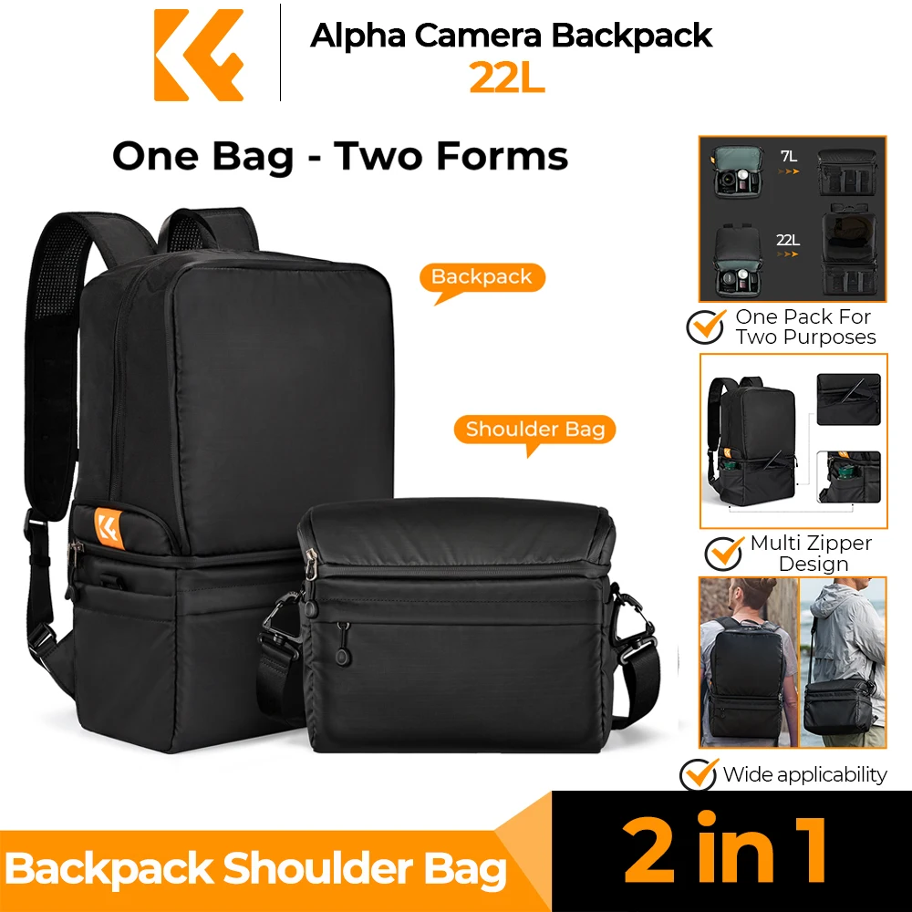 K&F Concept 22L Camera Backpack 2 In 1 Photographers Camera Shoulder Bag Crossbody Travel Bag For Sony Canon Nikon Camera Le