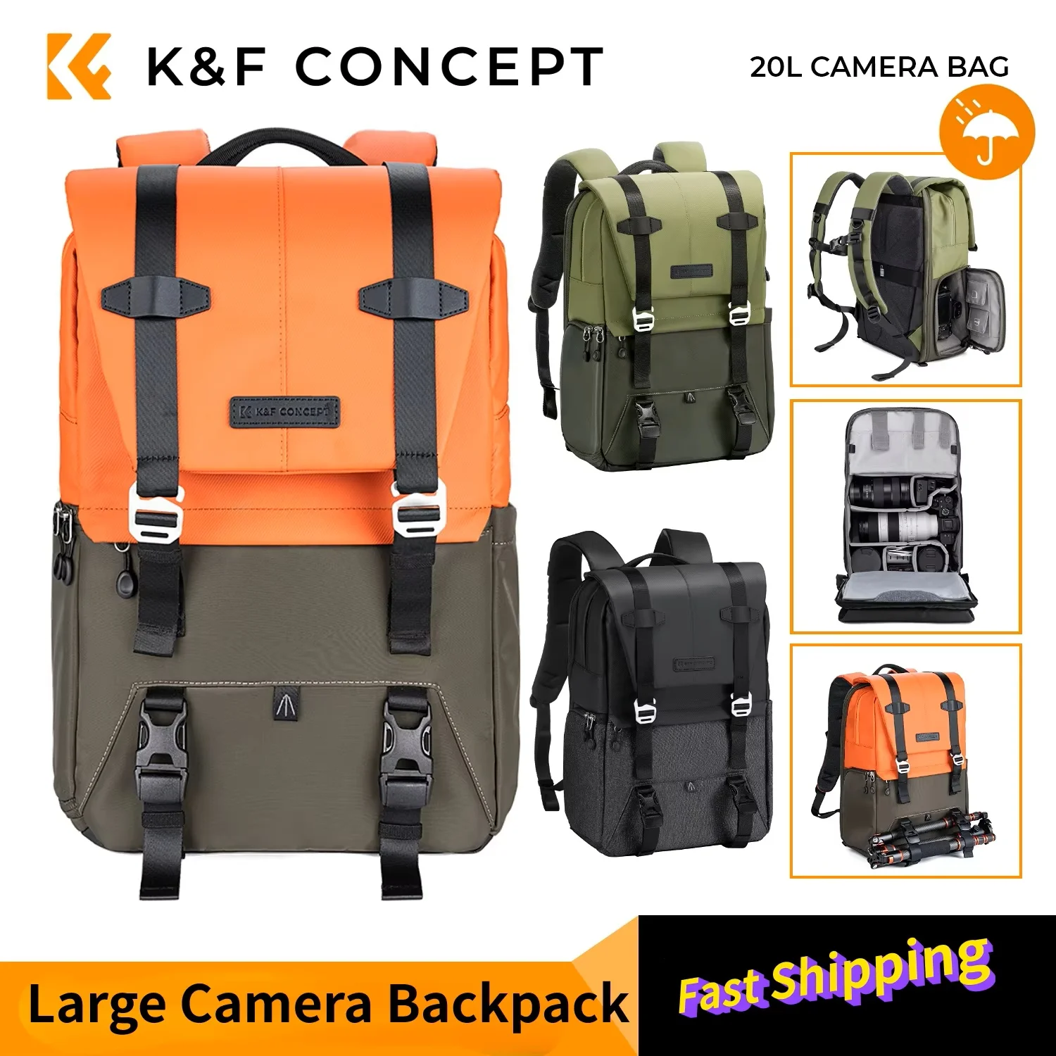 K&F Concept Camera Backpack Travel Photography Bags Large Capacity Camera Case with Tripod Side Rain Cover for 15.6 Inch Lap