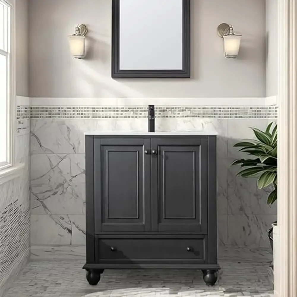 30" Retro Style Bathroom Vanity Sink Combo Vintage Design Solid Wood Construction Undermount Ceramic Sink Matte Black Fauce