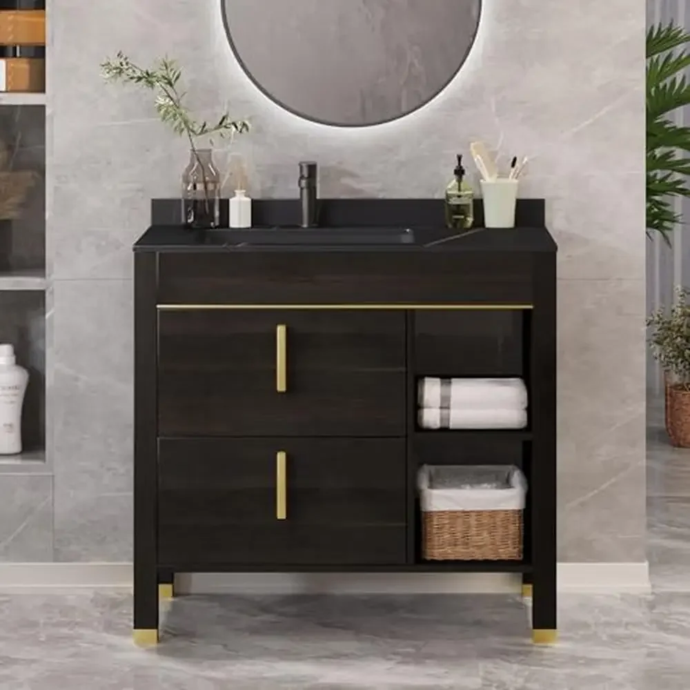 36" Freestanding Bathroom Vanity with Sintered Stone Countertop & Acrylic Basin Elegant Gold Handles & Legs Conceal