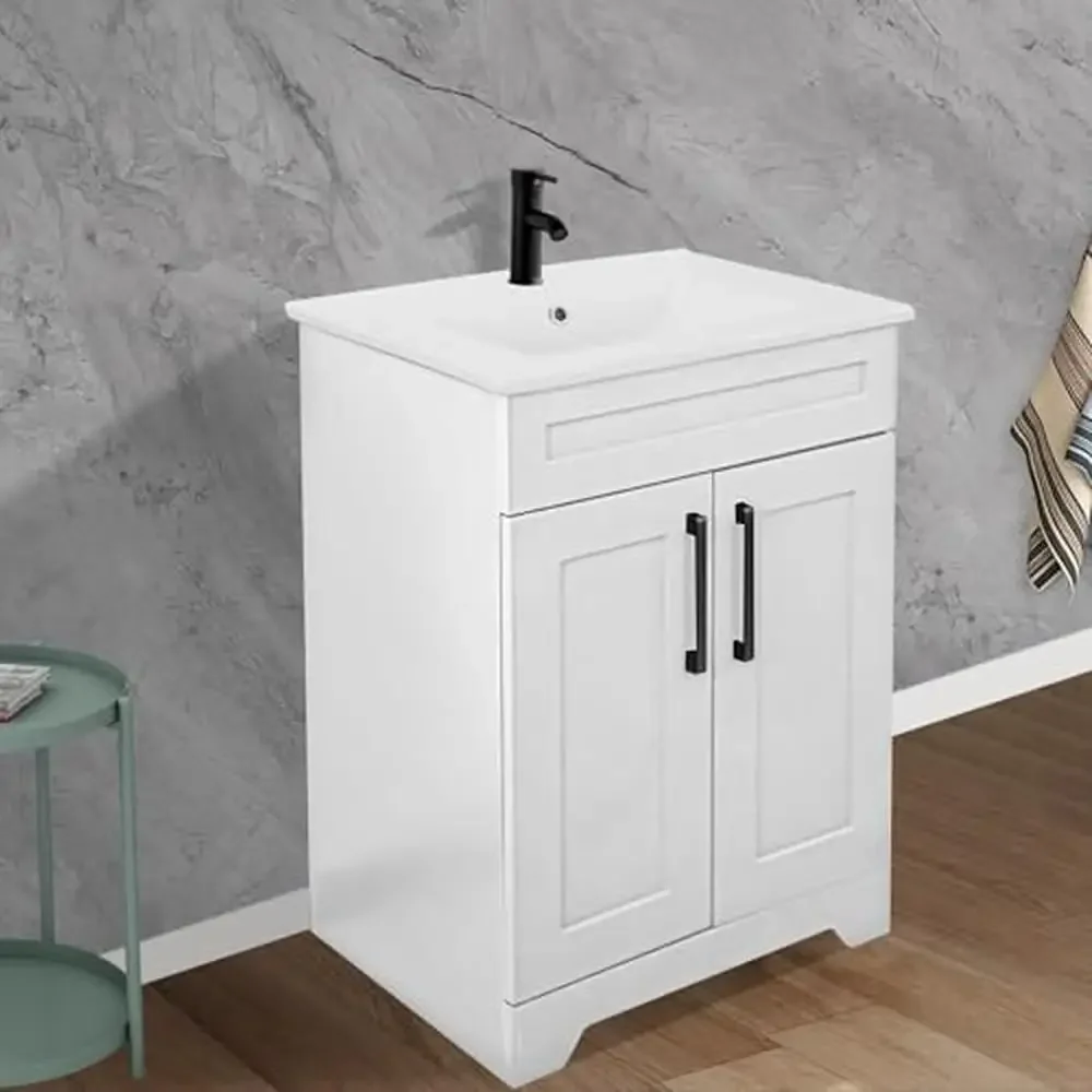 24" White Bathroom Vanity Cabinet Ceramic Sink Combo Double Door Storage Matte Black Faucet Freestanding Modern Style Overs