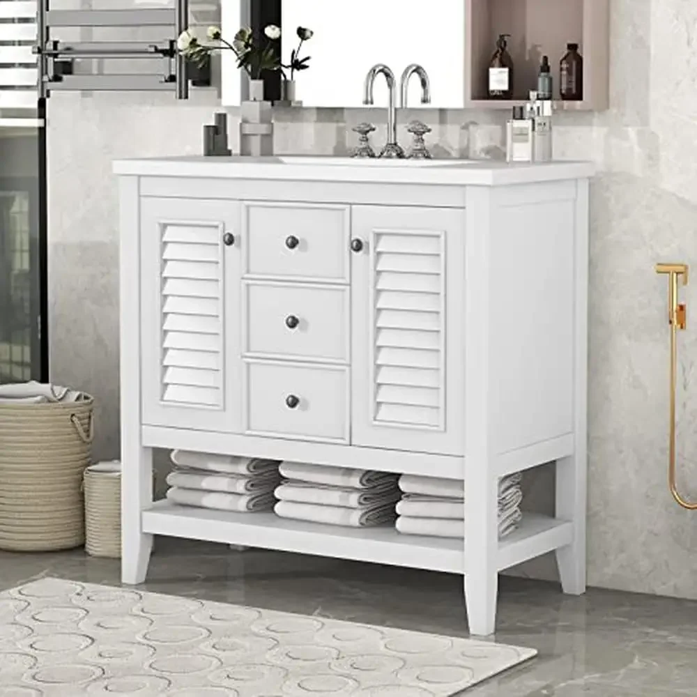 35" Modern Freestanding Bathroom Vanity Combo with Open Shelf Solid Wood Basin Cabinet Adjustable Shelves Stainless Steel