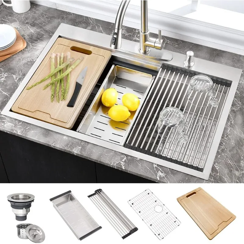 33x22 Drop In Kitchen Sink Black Stainless Steel Topmount Workstation Sink Handmade 16 Gauge Single Bowl Deep Kitchen Sink