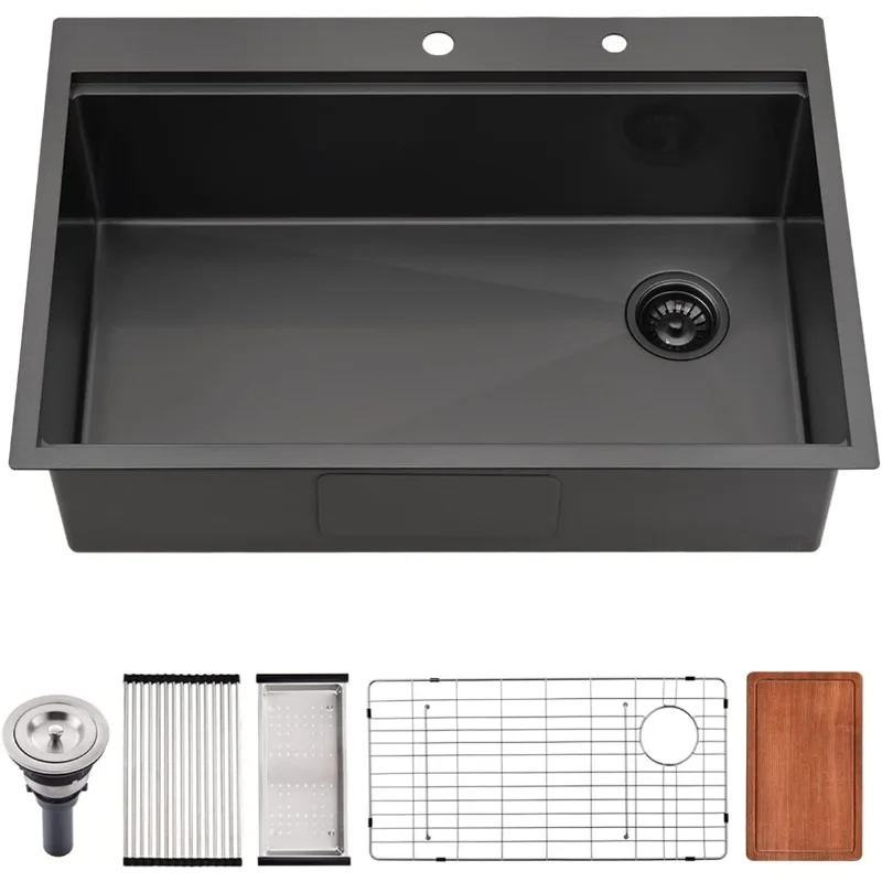 33 Inch Black Drop In Kitchen Sink, 33x22 Drop In Kitchen Workstation Sink Deep 16 Gauge
