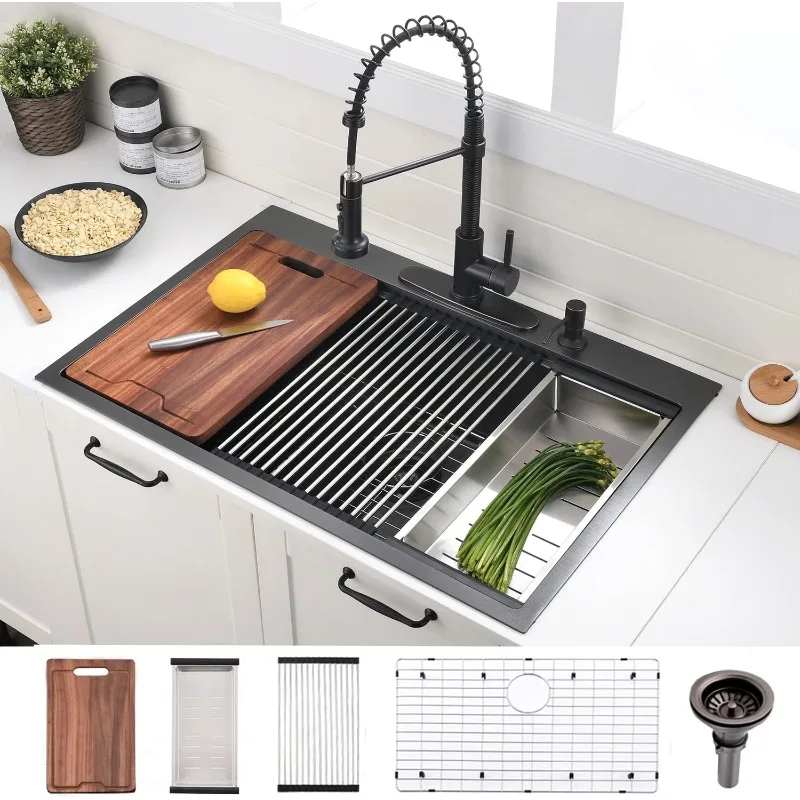 28 Inch Single Bowl Kitchen Sink 16 Gauge Stainless Steel 10'' Deep Handmade Kitchen Sink