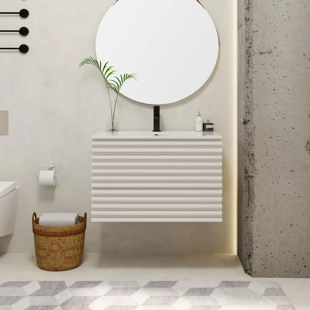 Floating Bathroom Vanity with Sink Combo Mid Century Wall Mounted Cabinet Set with Stripes, Drawers, Undermount Sink & Fauce