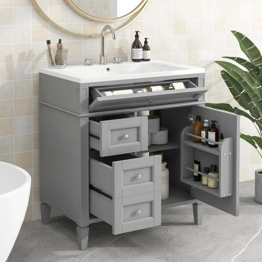 30" Bathroom Vanity with Single Sink Combo, Undermount Bathroom Sink Cabinet with Drawers and Tip Out Drawer, Bathroom Vani