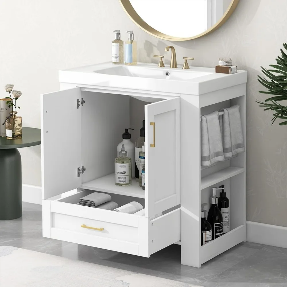 30 Inch Bathroom Vanity with Sink, Freestanding Single Bath Vanity Wood Storage Cabinet with Drawer, Side Storage and Towel Bars