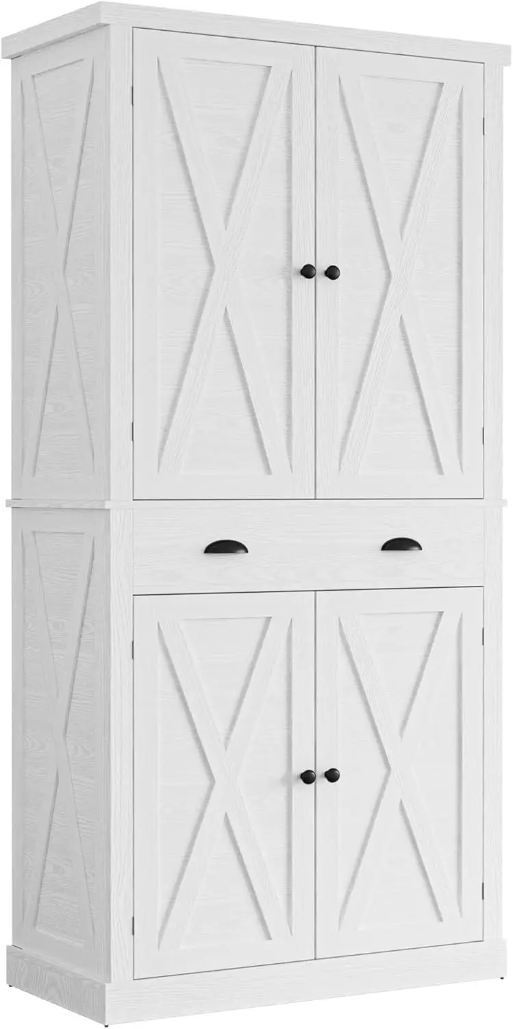 Storage Cabinet 72" Height, with Barn Doors, Drawer, 4 Adjustable Shelves, Freestanding Cupboard for Dinin
