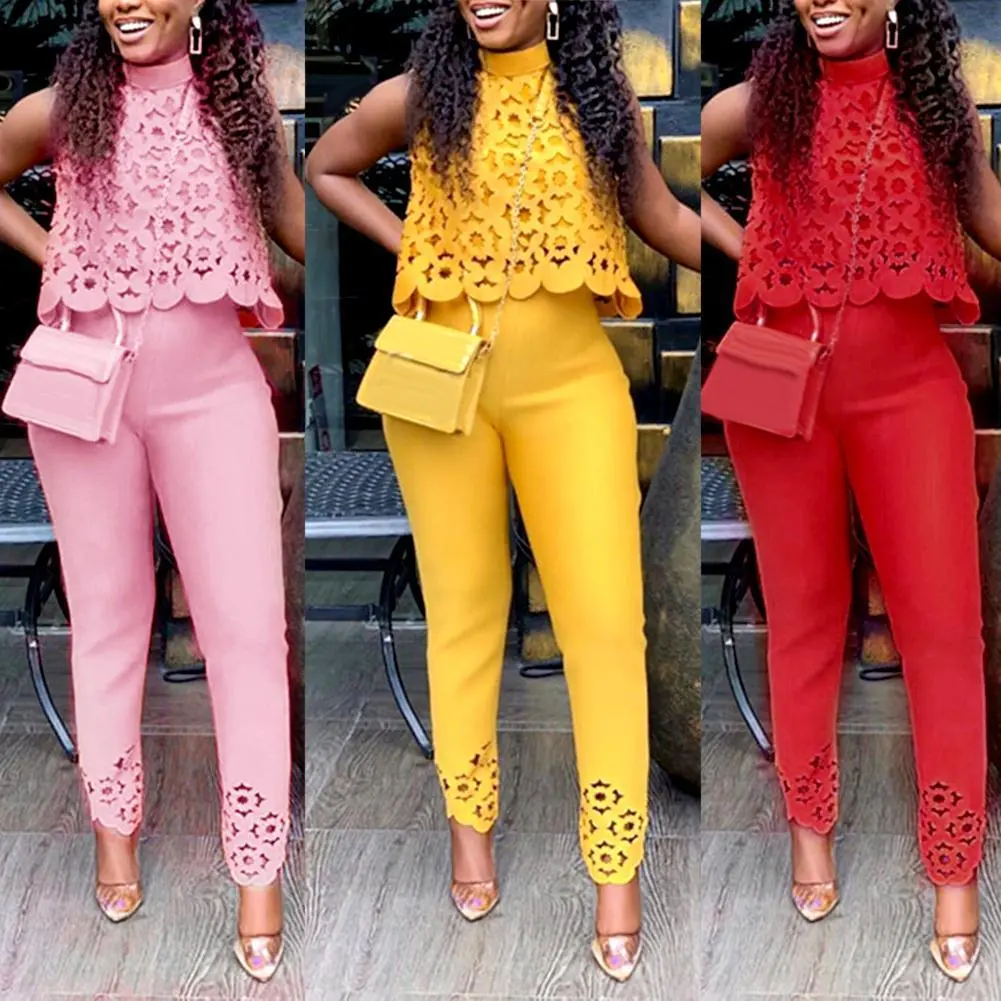 Solid Color Two Piece Set Women Pant Suits Sexy Hollow Lace Sleeveless Pullovers Crop Top Long Pants
