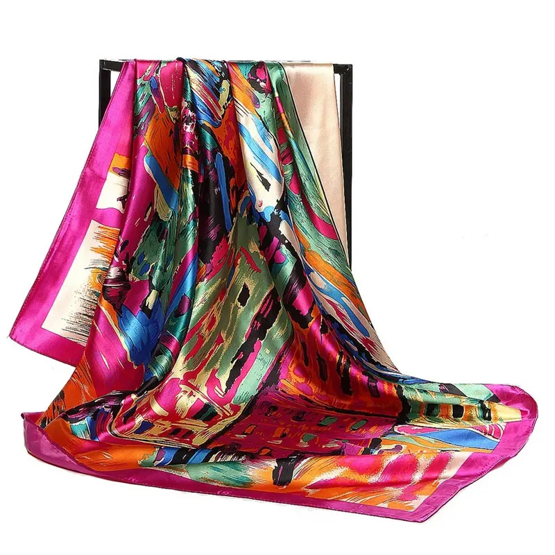 90*90cm Silk Scarf Women Print Hair Neck Square Office Ladies Shawl Bandanna Muslim Hijab