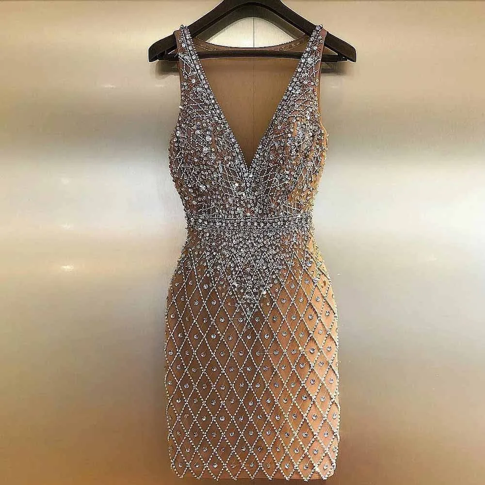 Sexy Deep V Neck Rhinestones Short Prom Dresses 2021 Nude Tulle Beaded Back See Through Women Party