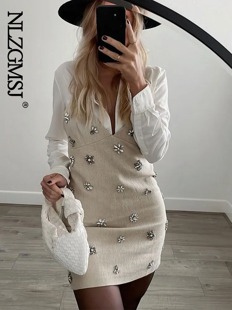 Nlzgmsj TRAF Women 2024 Chic Fashion Sleeveless Lnlay Mini Dress Vintage Thin Straps Summer Female
