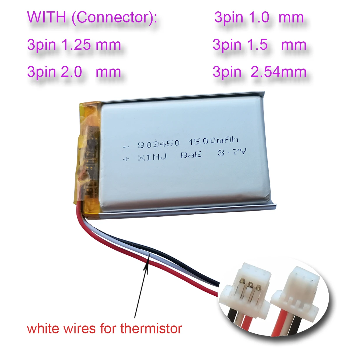 3.7V 1500 mAh 803450 Rechargeable 3 Wires Thermistor Polymer Li Battery JST 3pin 1.0mm 1.25mm 083450