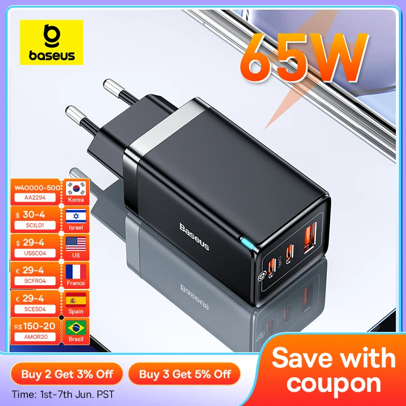 Baseus 65W GaN Charger Quick Charge 4.0 Type C PD USB Charger with QC 4.0 3.0 Portable Fast Charger